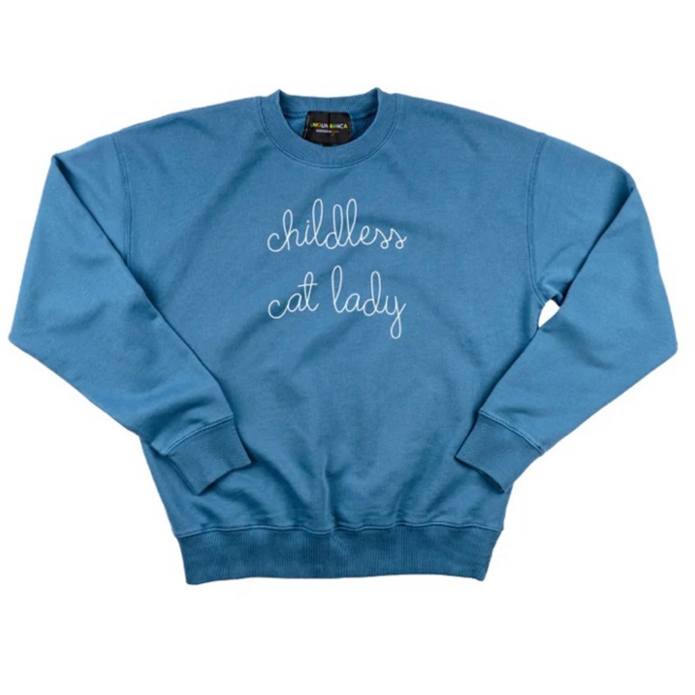 Lingua Franca childless cat lady sweatshirt (Men’s XL) Vintage Blue white thread